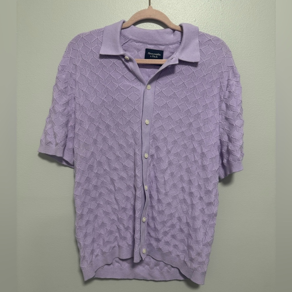 Men’s A&F Geometric Stitch Button-Through Sweater Polo Light Purple - Picture 2 of 7